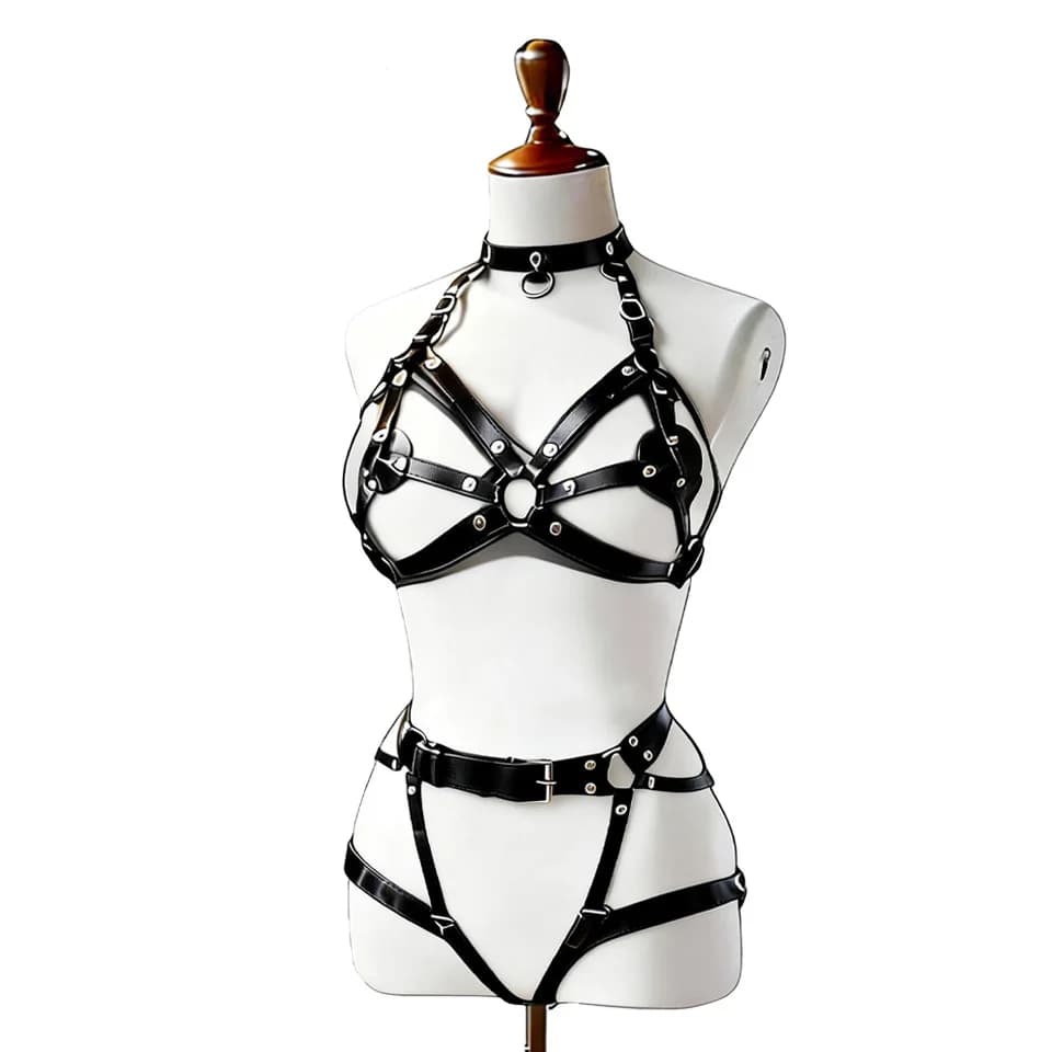 Women's Sexy Leather Lingerie, Belt with Bretelle, BDSM Garters, Bondage Lingerie, Leg Harness, Gothic Clothing, Rave Outfit