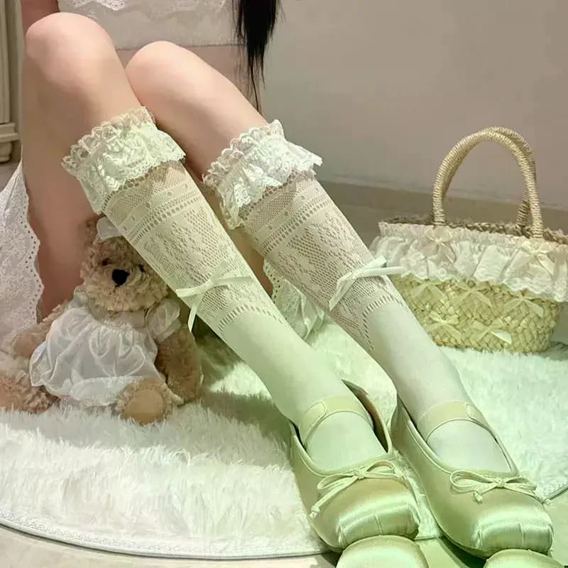 Slouch Socks Ballet Bow Mid Calf Lace Women Thin Hollow Out Summer Breathable Soft Socks for School Date and Fitness