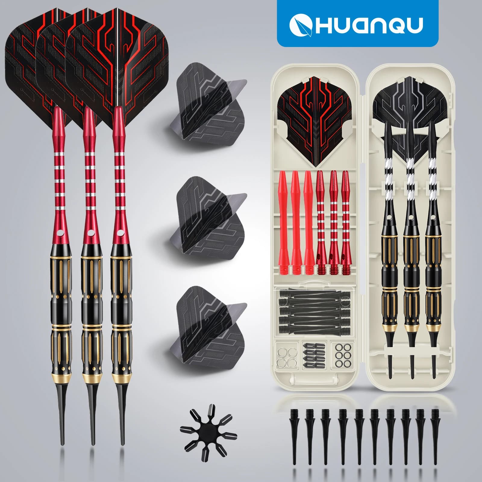 Set di freccette in rame Huanqu, confezione da tre con punte morbide e sicure, accessori completi, 6 alberi di ricambio per freccette, 10 punte per freccette, e altri accessori per freccette professionali ad alta precisione, adatti per gli appassionati di freccette