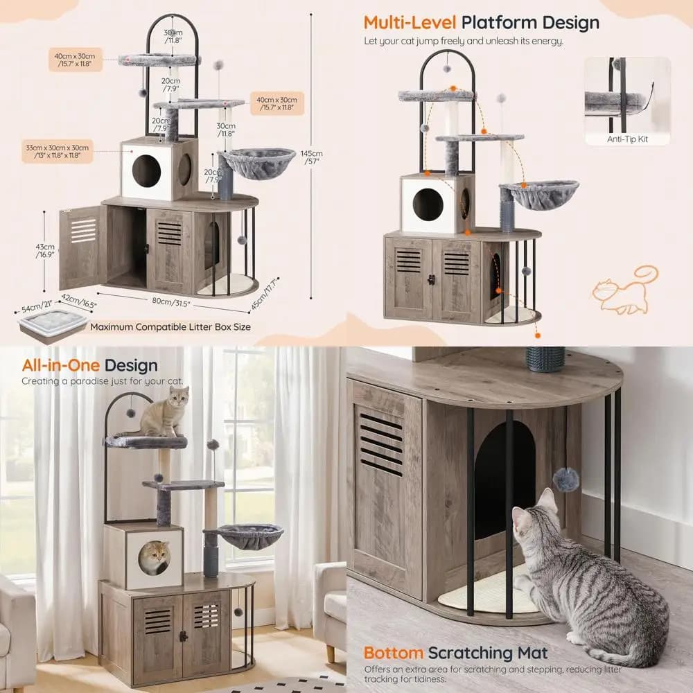Torre per Gatti All-in-One 31.5 con Lettiera Nascosta, Pali in Sisal, Amaca, Colore Greige e Grigio