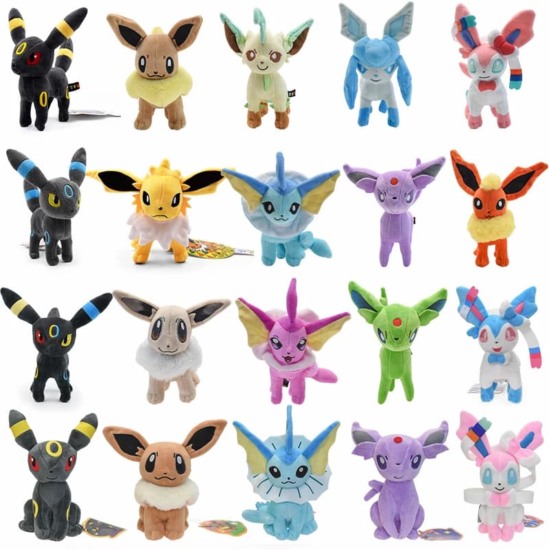 Vendita all'ingrosso di set completo di peluche Eevee, Pokemon Eeveelution, Umbreon, Vaporeon, Jolteon, Flareon, Espeon, Leafeon.
