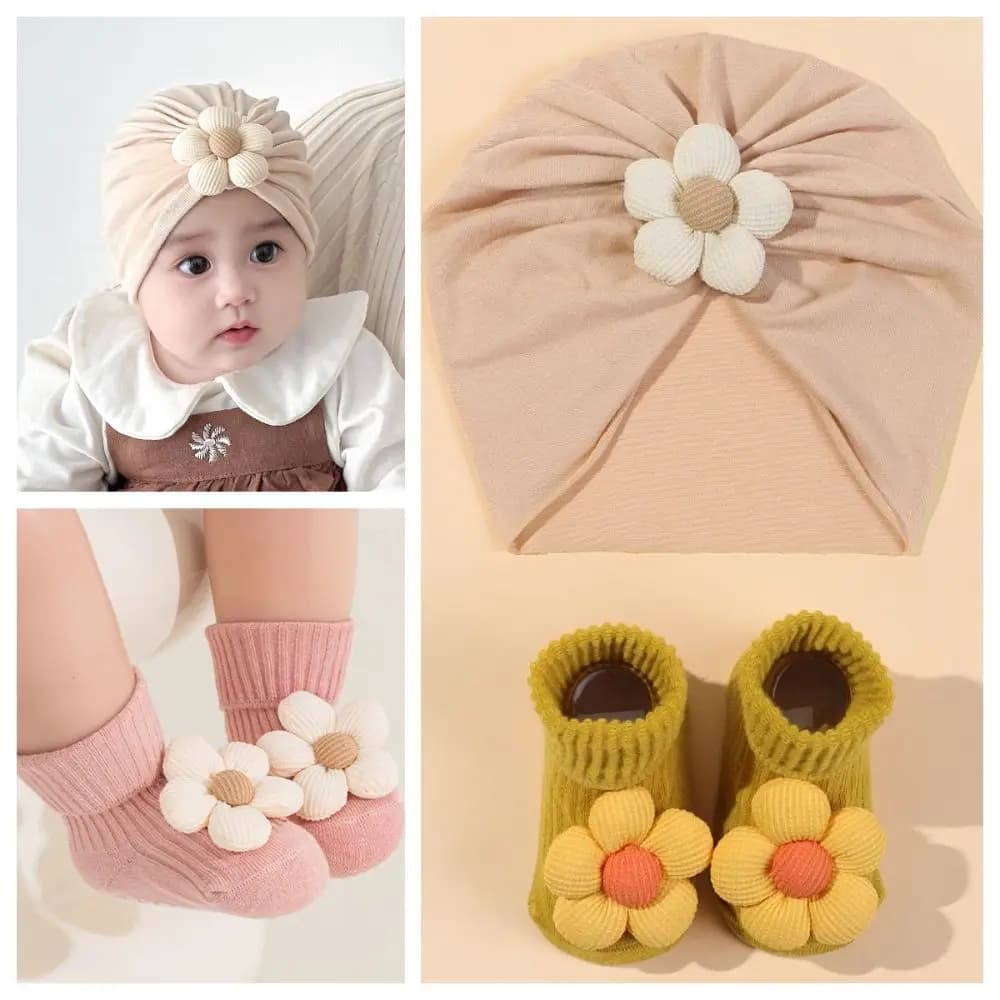 Set di calzini per cappelli da bambino con fiori grandi e comodi set di calzini per neonati in maglia morbida e calda cappello da neonato antiscivolo con calzini da indossare tutti i giorni