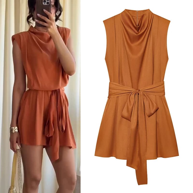 Women's Romper Sleeveless Cowl Neck Belted Playsuit – Elegant Summer Beach Holiday Short Jumpsuit with Padded Shoulders