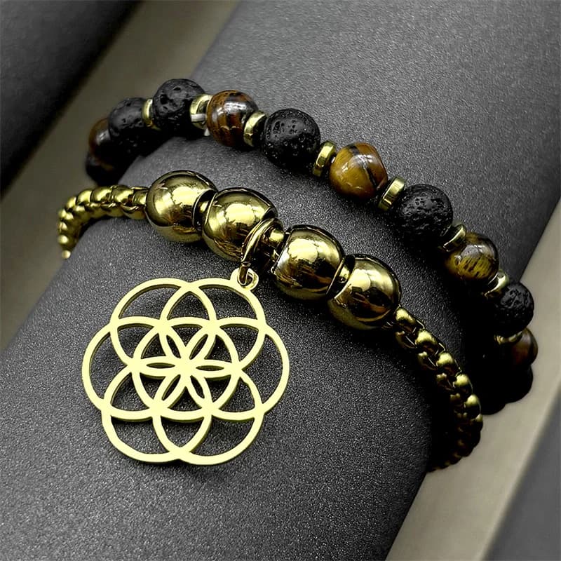 Bracelet with Stone Tiger Eye and Flower of Life for Men and Women, Double-layer Stainless Steel Chain, Reiki Jewelry