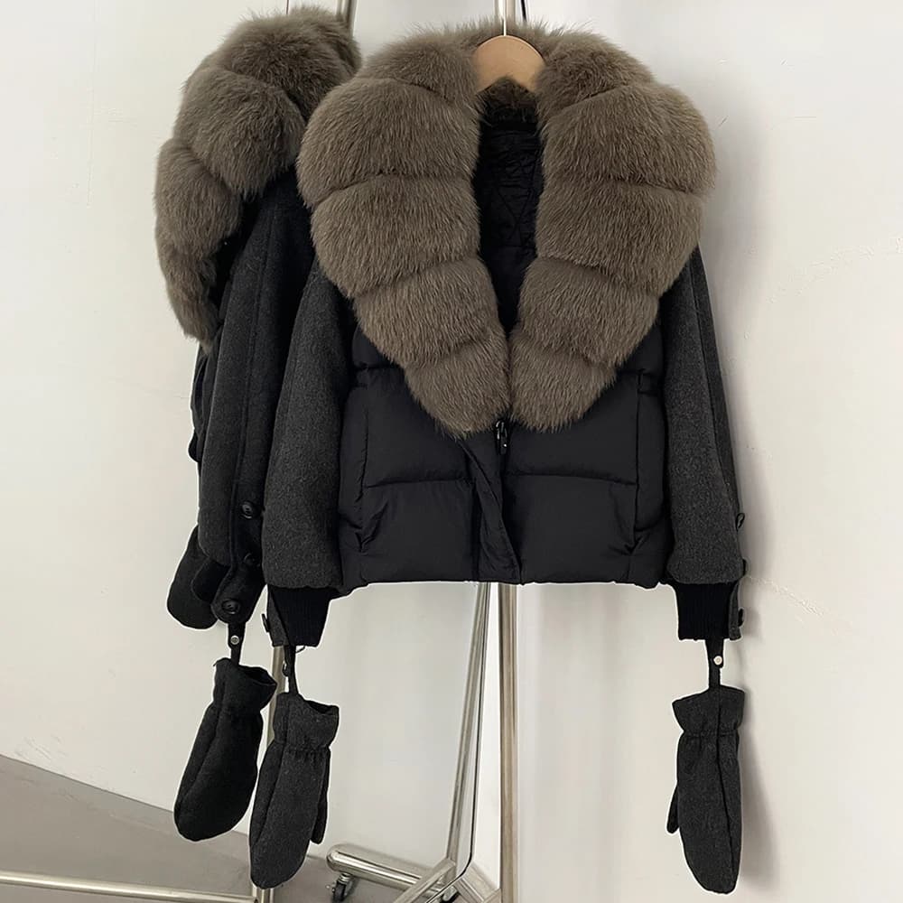 Natural Fur Coat Women's Winter Warm Thick Duck Down Coat Padding Women Short Fur Coat Puffer Jacket Outer Ladies with Gloves