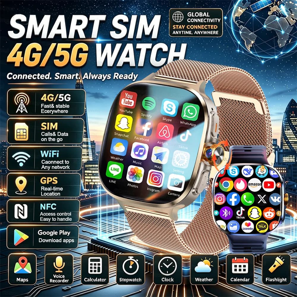2026New 5G/4G SIM Card Small Fast Internet Smart Watch Rotate Camera 32GB ROM NFC GPS WiFi Voice Call Google Play Smart Bracelet