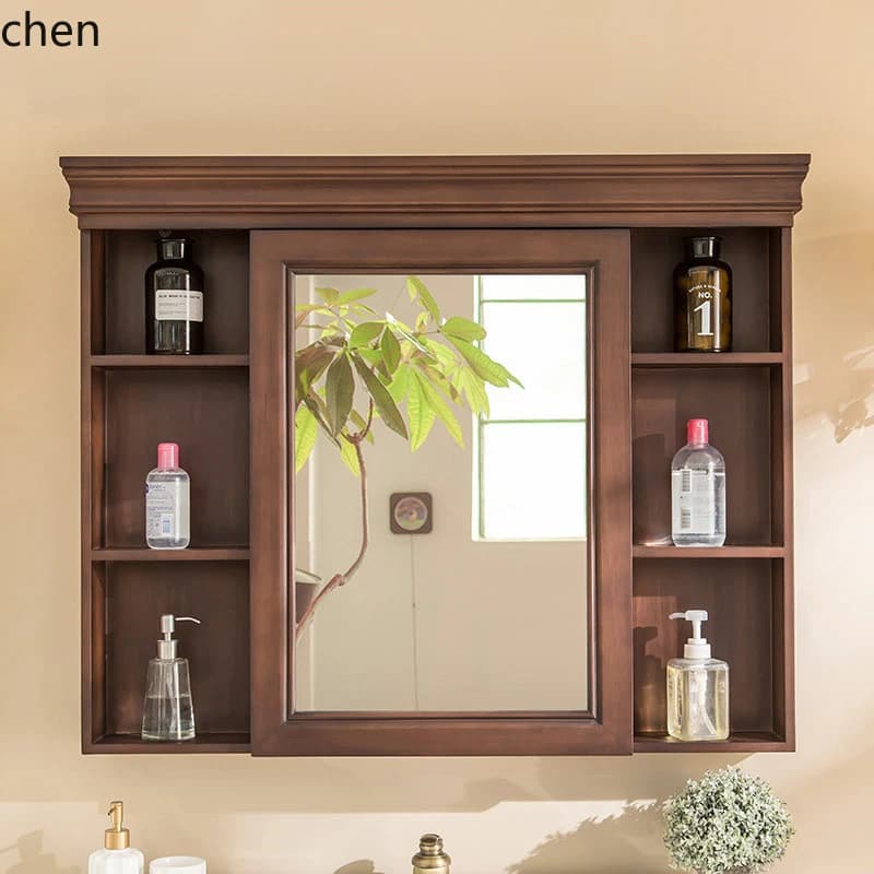 Armadietto a specchio da bagno in rovere americano HXL Armadietto portaoggetti in legno massello a parete con specchio separato per bagno