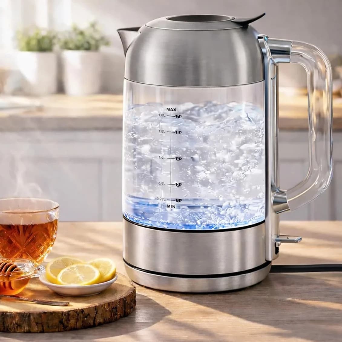 Bollitore Elettrico, Bollitore in Vetro da 1,8L con Base in Acciaio Inossidabile, Manico in Acrilico, 1500W, Ebollizione Rapida