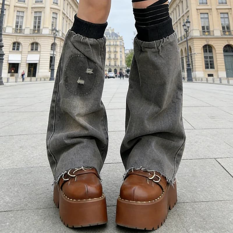 PBAP Stivali in denim da donna effetto strappato, lavaggio chiaro, patchwork, lunghezza al ginocchio, con bordo grezzo, stile svasato, calze lunghe, Grunge Harajuku Streetwear