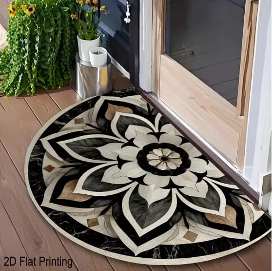 Tappeto d'ingresso semicircolare con mandala a D, per esterni, con motivo mandala nero e marrone, per corridoi, giardini e pavimenti
