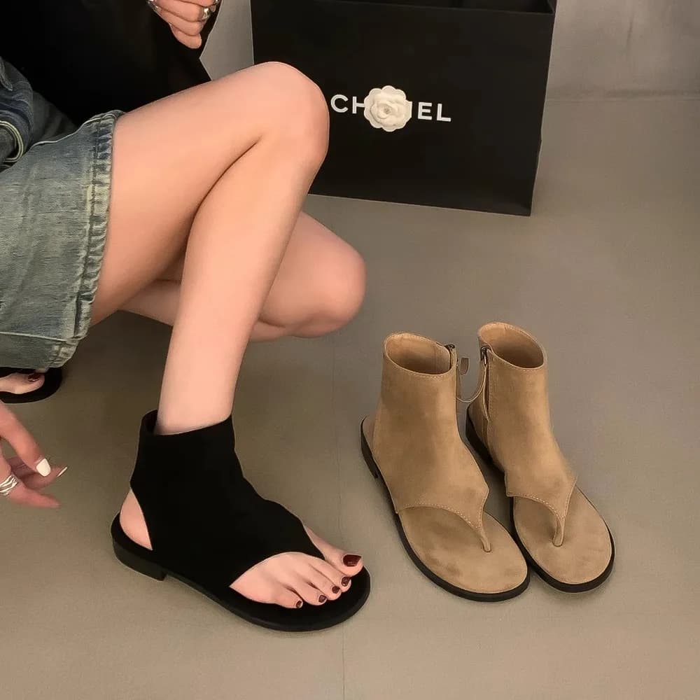 Faionable Pantofole da donna estive da esterno con punta, stivali ort, tacco piatto, versione coreana, in pelle sintetica