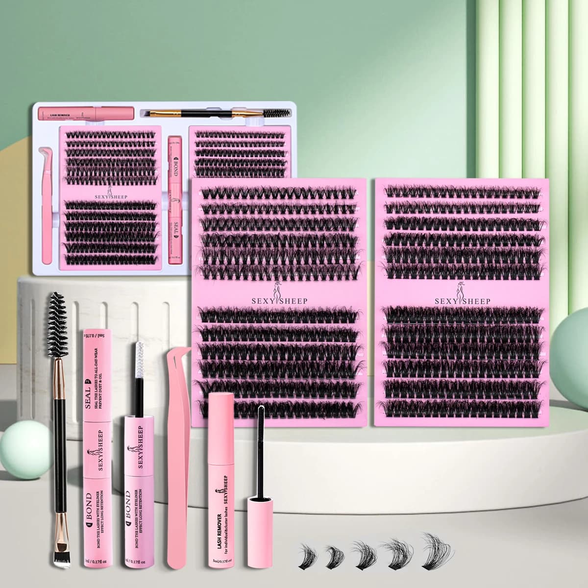Cluster for fake lashes do-it-y extensions Cluster for individual eyelashes Natural Segmentate with glue, ostrich, eyelash brush, tweezers