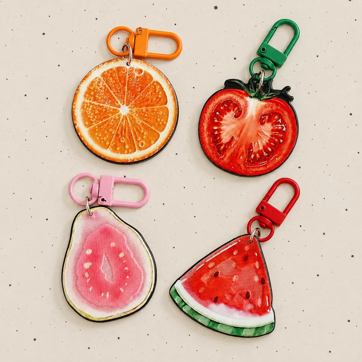 4Pcs Fruit Slice Keychain Set Cute Watermelon Orange Tomato Guava Bag Charms Colorful Key Rings for Backpack Purse Accessories