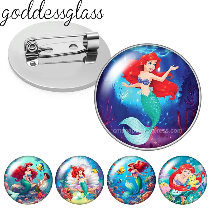 Spilla/Badge in vetro cabochon con foto della Sirenetta Ariel, a tema pesce e oceano, per borsa, vestiti, jeans, denim, o risvolto