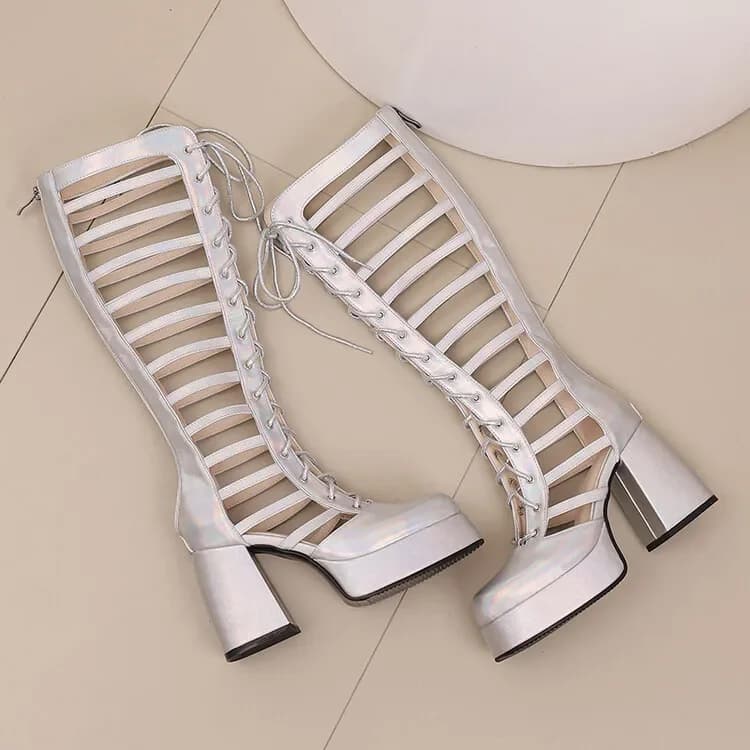 SLSHLYJ2026 Zipper Frenum Cool Boots Waterproof Platform 10cm Heel Summer Knee Length Boots Gold/Silver/Black Hollow Stage Boots
