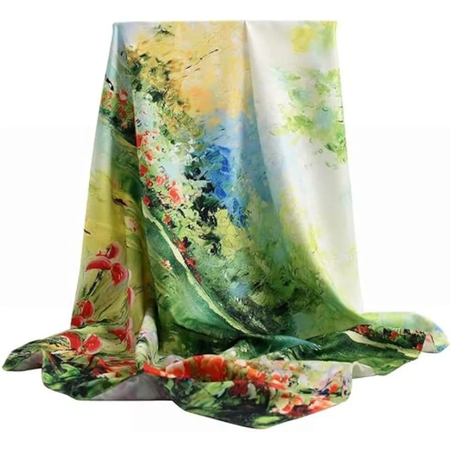 100% Mulberry Silk Scarf-Printed or Solid Color 35” Square Large Silk Hair Head Wrap Scarf With Gift Box Package, F Pattern: Beautiful Natural Scenery
