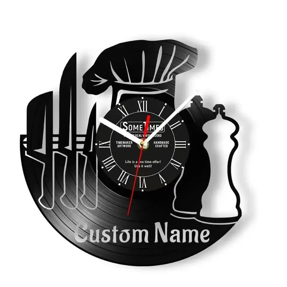 Custom wall label for chef Wall clock with vinyl disc Kitchen decoration for restaurant Wall clock customizable by the chef Gifts for the house