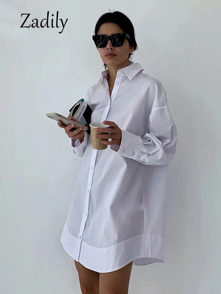 Zadily Autumn 2025 Minimalist Women's White Long Shirt Oversize Full Sleeve Patchwork Button-Up Work Blouse Female Clothing