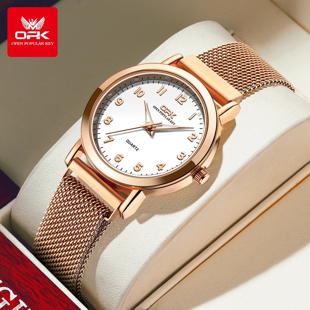 OPK 8115 Orologi da donna Orologio da polso originale alla moda semplice per cinturino in maglia di acciaio inossidabile femminile Reloj luminoso impermeabile