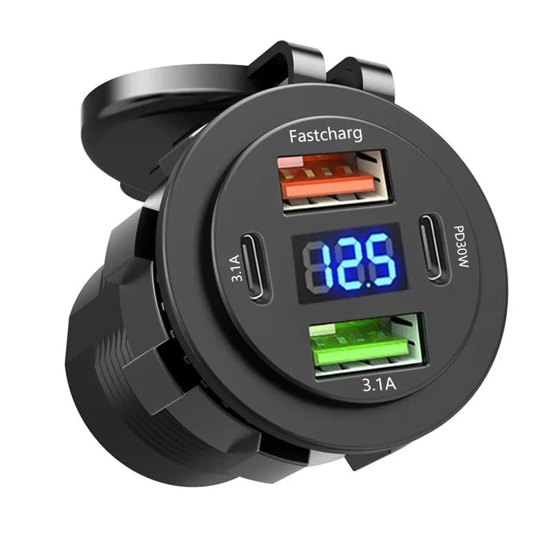 Dual Type C Car Charger Grip and Double USB 4 Doors Waterproof Fast Charging Grip With 12V/24V Voltmeter for Car Boat Motorcycle