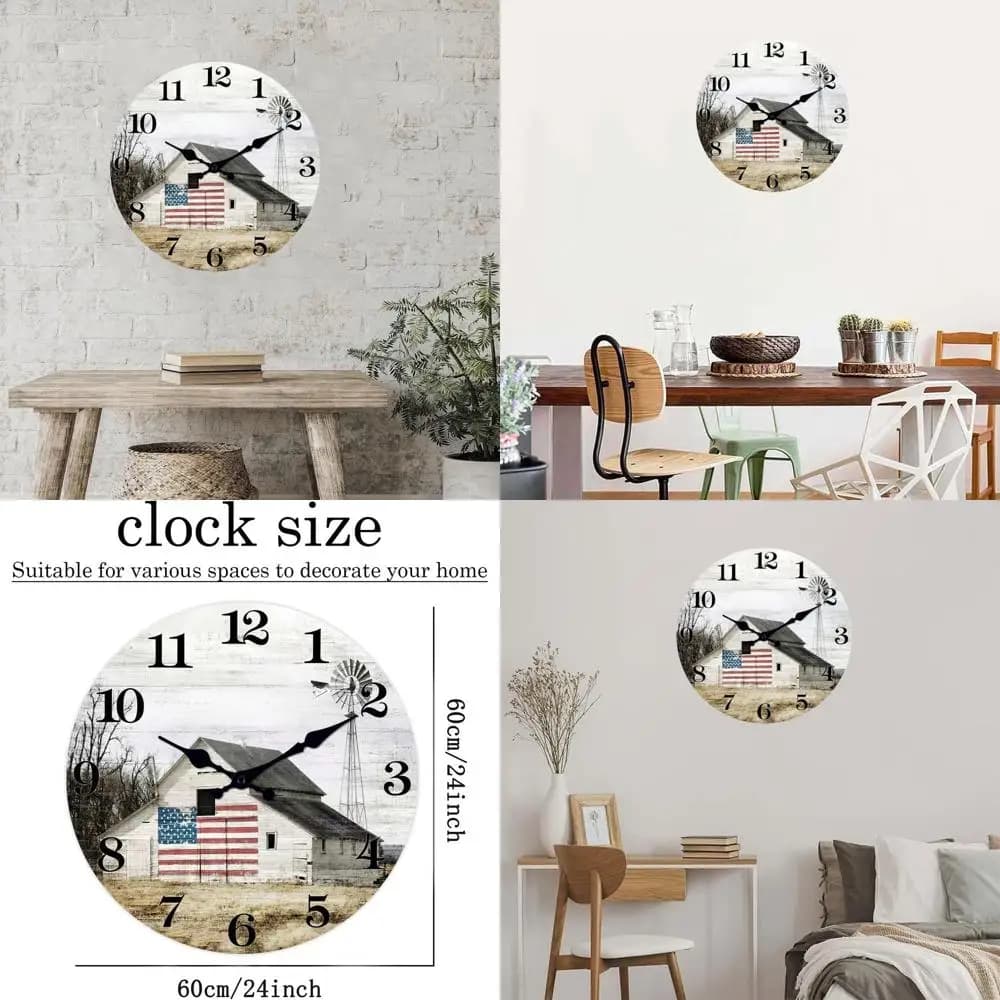 24 Pollici Farm Wall Clock, Silent Wood Clock Without Ticking, Battery, Large Wall Clock for Living Room