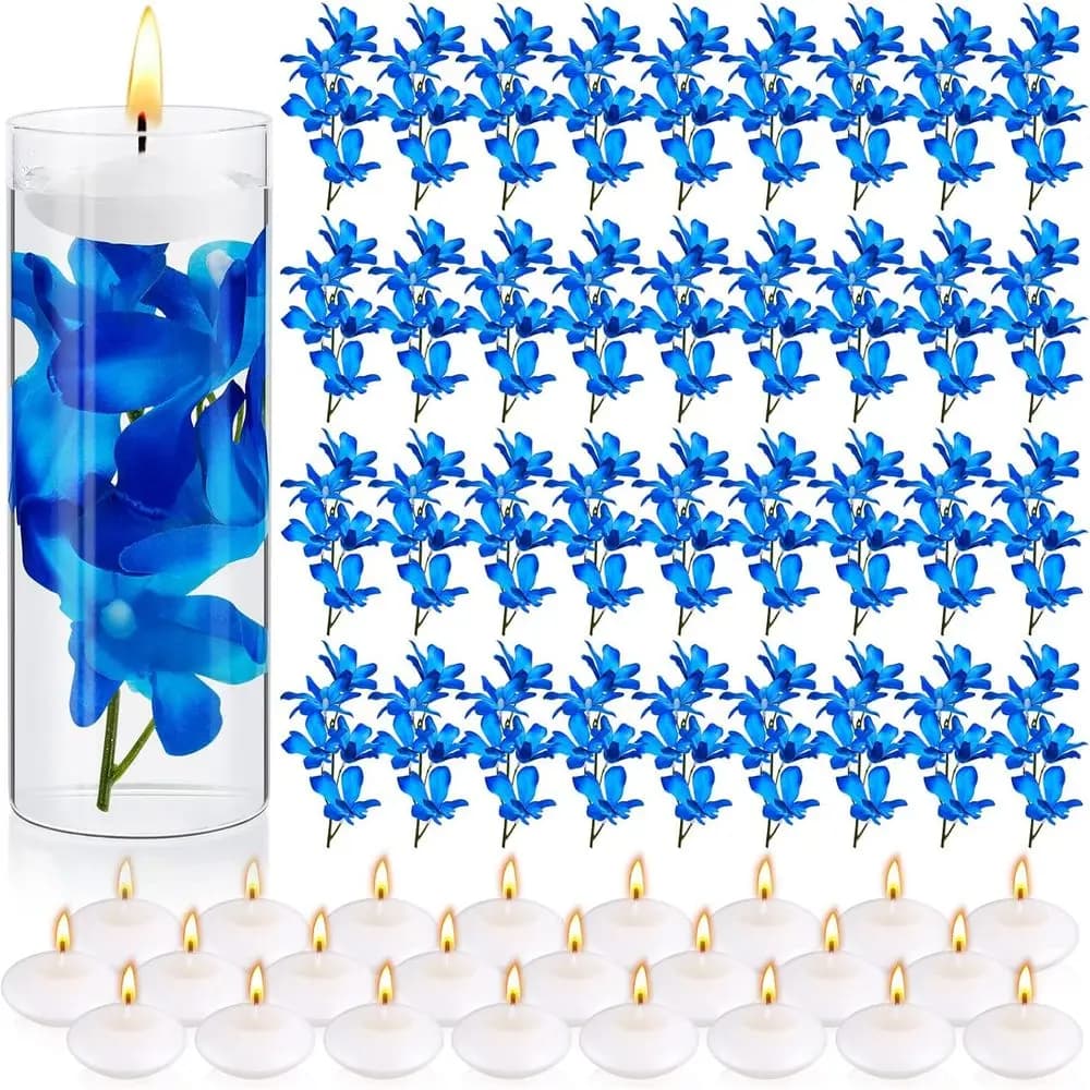 Set of 72 Pieces of Blue Artificial Orchids for Vase Decoration, Floating Candles, Centerpiece for Weddings or Celebrations