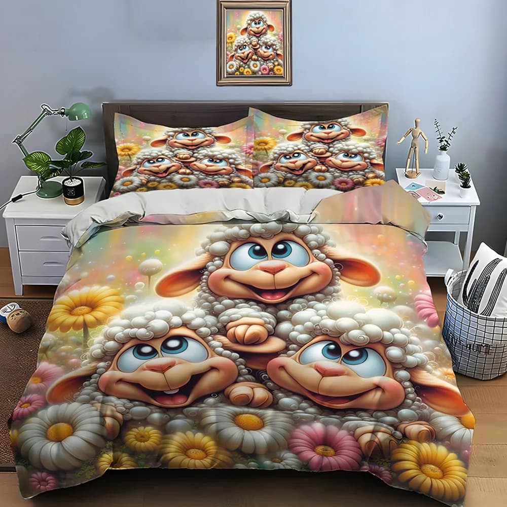 Set di biancheria da letto con stampa di pecore giocose in stile cartone animato e fiori, morbido e confortevole, include 1 copripiumino e 2 federe.
