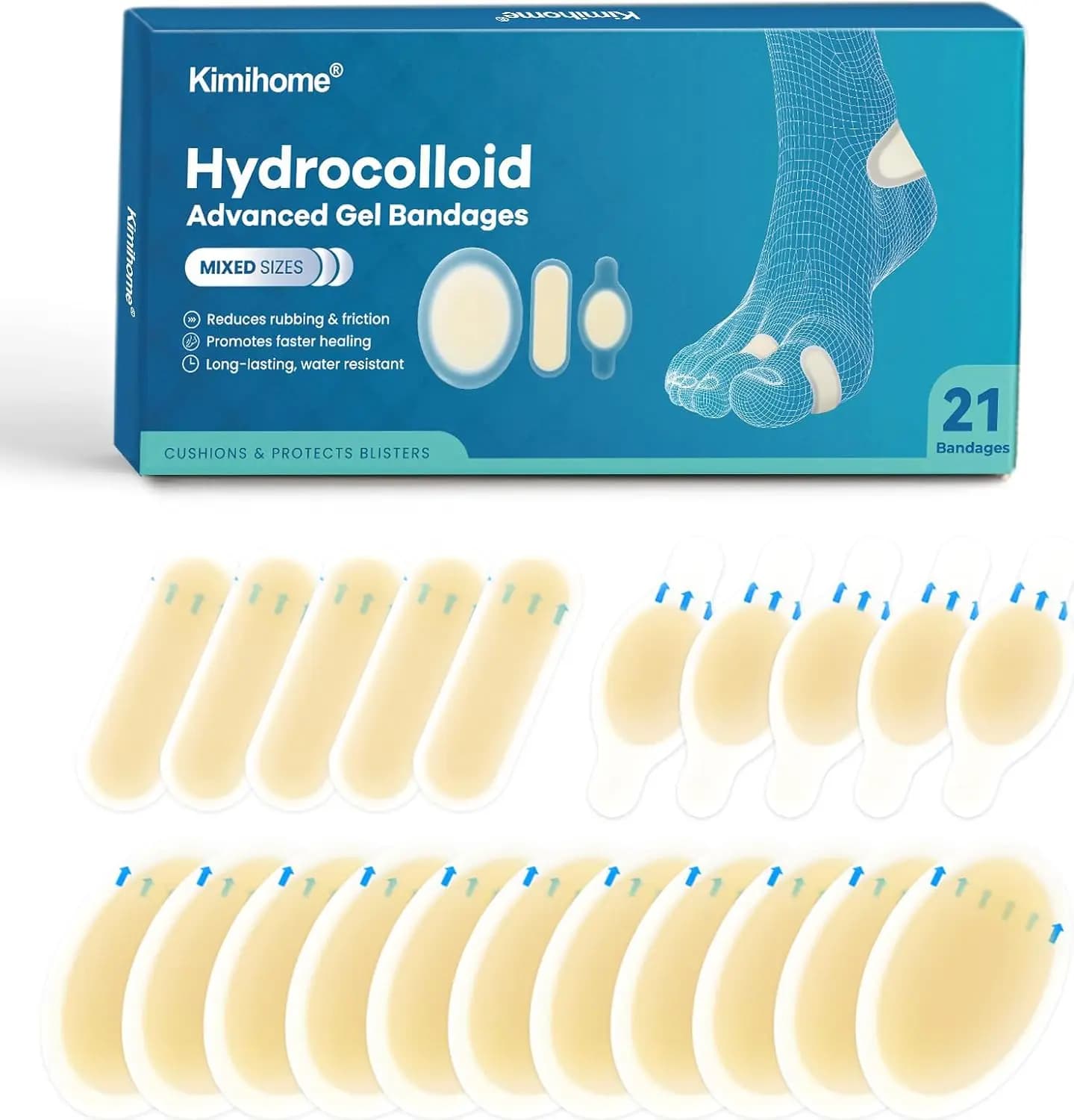 Cerotti Idrocolloidali per Vesciche 21 Pezzi - Cuscinetti per Tallone e Dita dei Piedi, Prevenzione e Recupero, Impermeabili, Adesivi