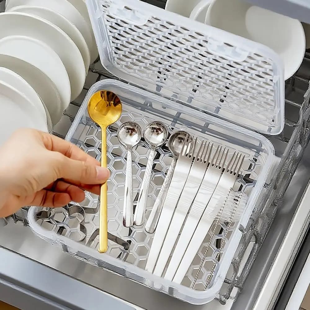 Contenitore per la pulizia delle stoviglie con design a scomparti, in plastica per alimenti, a doppio lato, salvaspazio, per la pulizia e lo stoccaggio delle bacchette
