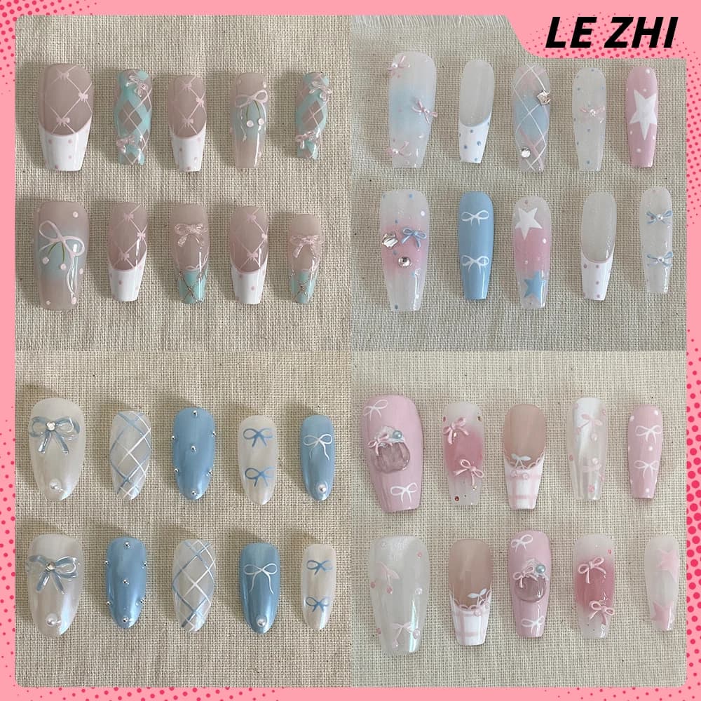Kawaii cat hand-drawn bow print on nails art short sweet French design simple hand-made cute almond fingernails fake custom gifts