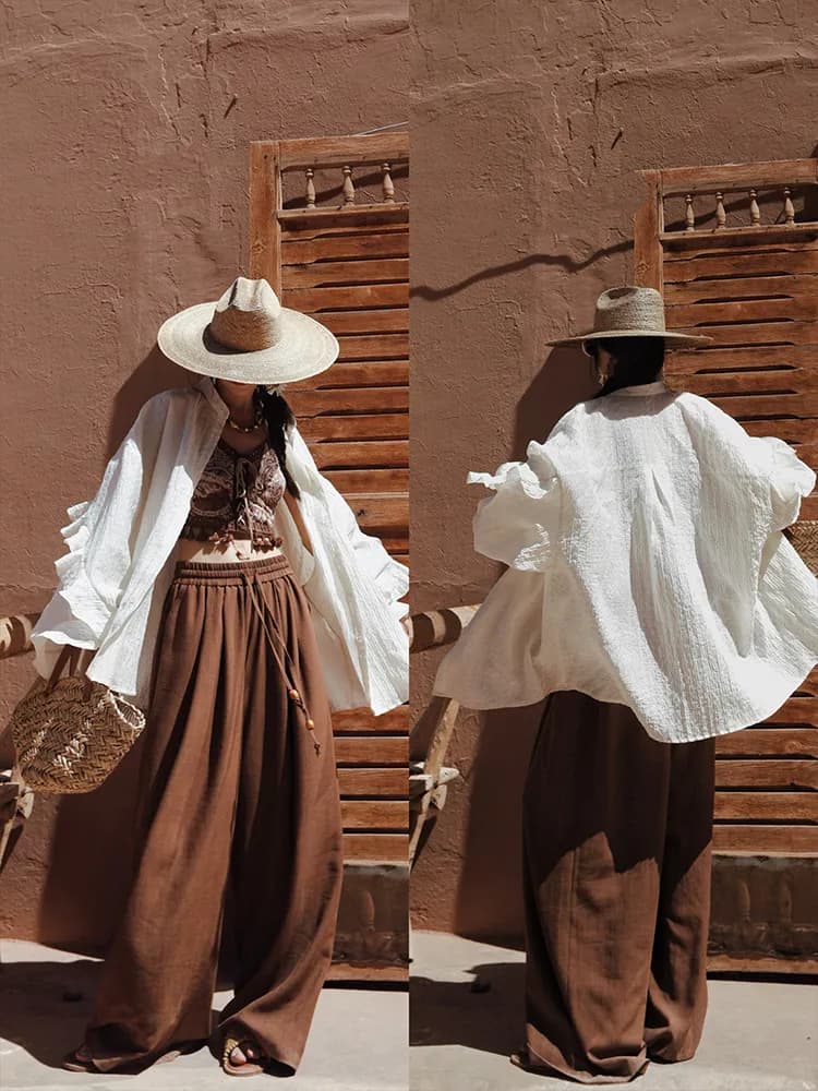 TIYIHAILEY Camicetta Primaverile Estiva da Donna con Maniche Lunghe a Balze, Maglietta Sottile e Larga con Colletto Rovesciato, Bianca e Rossa, Nuova Collezione 2026