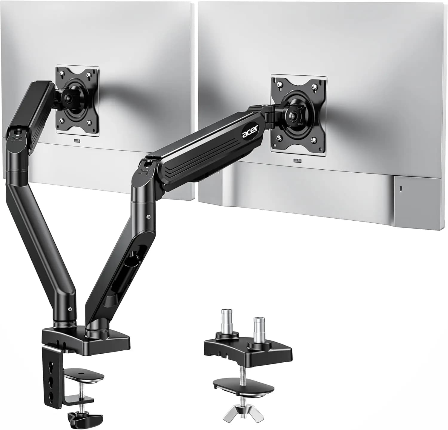 Support for Double Screen Monitor 17-32 Inch, Adjustable Arm with Gas Spring, VESA Attachment, C Clamp and Base with Cable