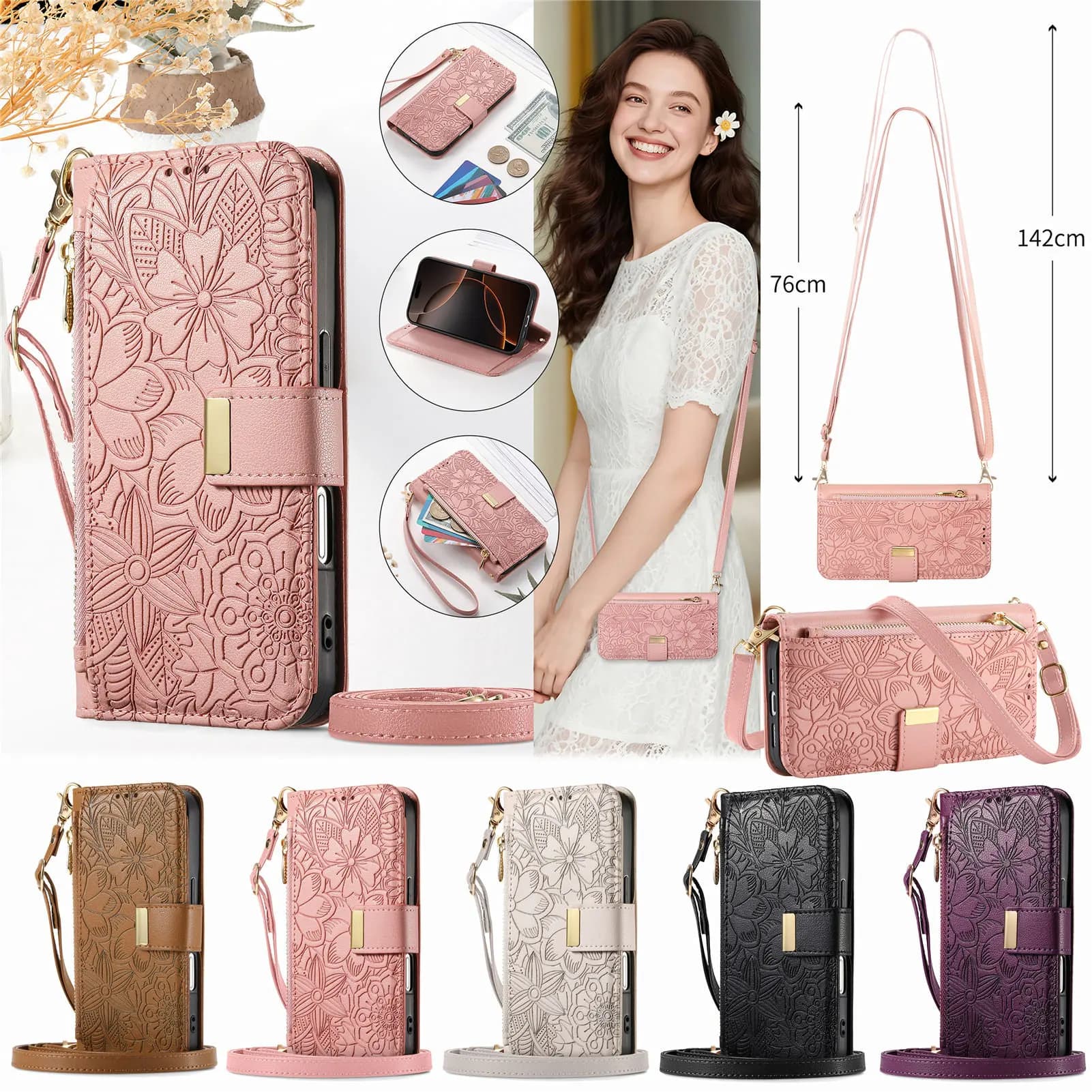 Leather Zipper Crossbody Flip Wallet Card Slot Phone Case for IPhone 16E Air 17 16 15 14 13 12 11 Pro Max Plus Wrist Strap Cover
