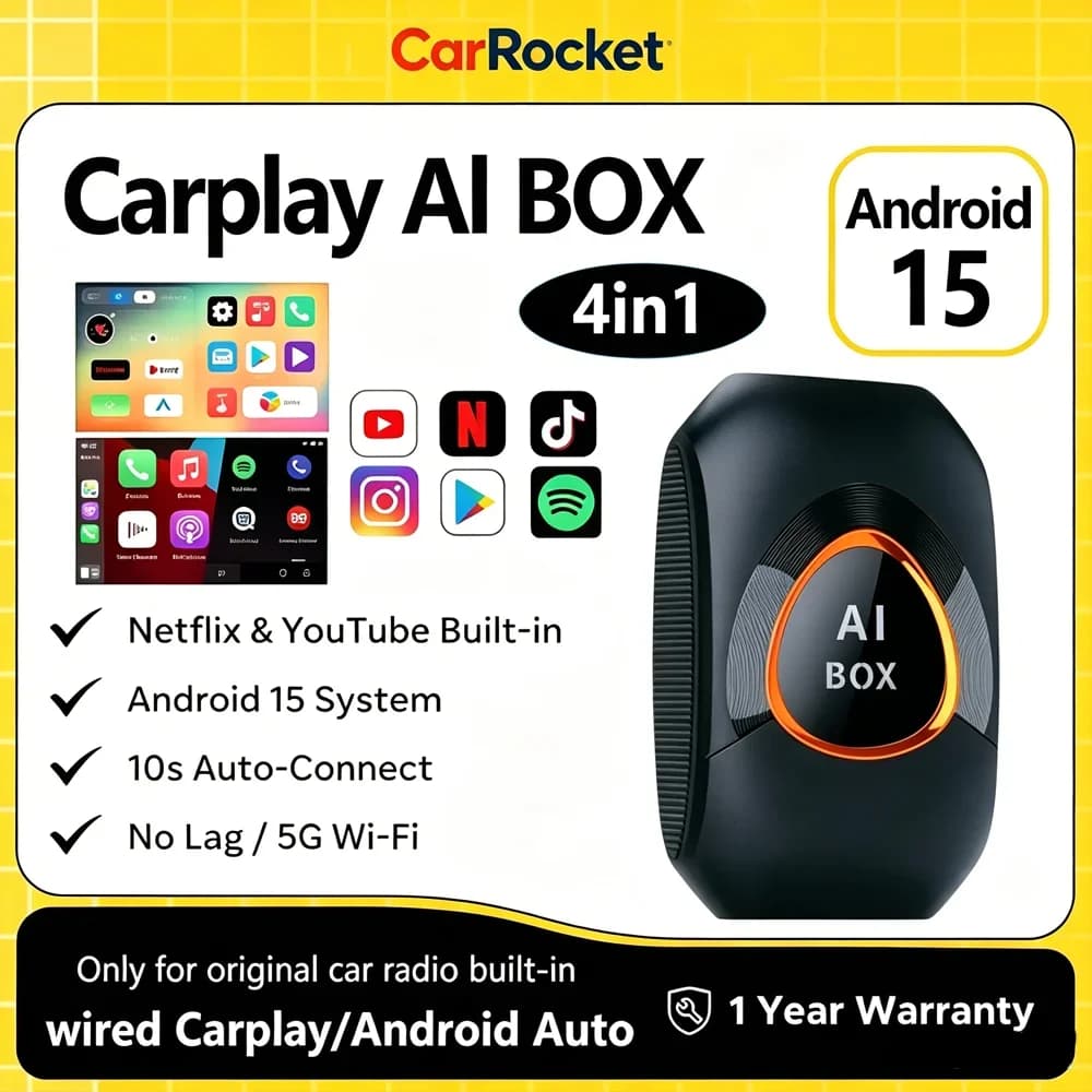 CarRocket CarPlay Video Box: Box AI CarPlay che trasforma il CarPlay cablato in un sistema Android 15 intelligente, Plug & Play con YouTube e Netflix integrati