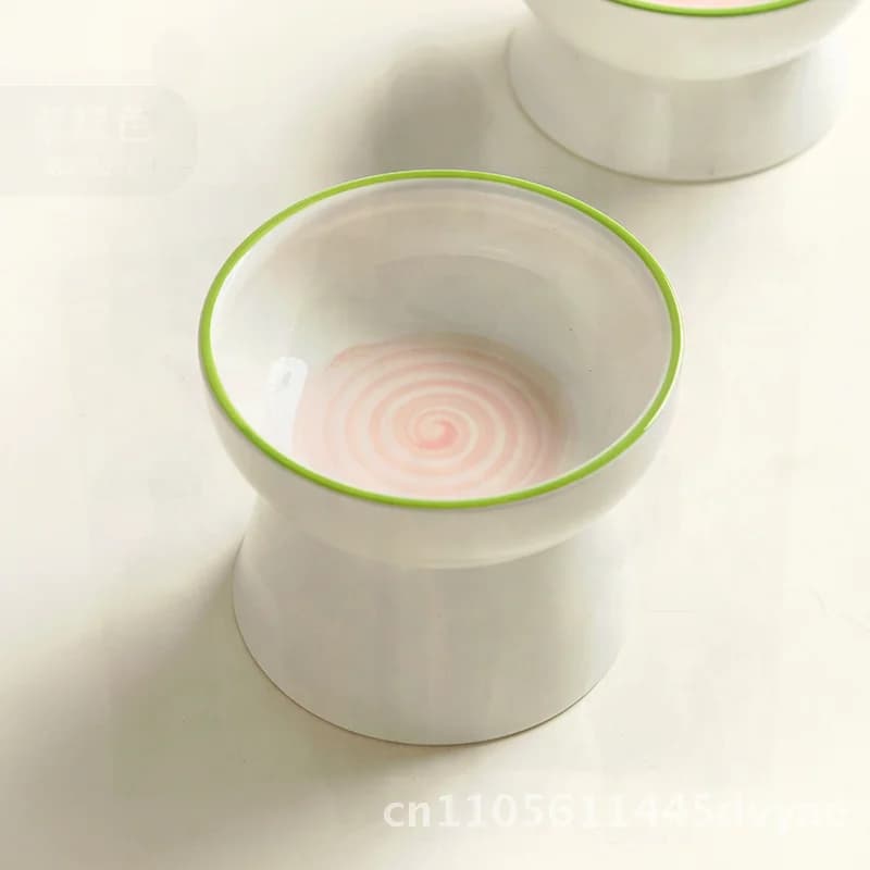 Ciotola per gatti in ceramica con protezione della colonna vertebrale cervicale Anti-bussare Cibo per cani Ciotola per acqua di riso Cerchio rosa dipinto a mano Animale domestico con piedi alti