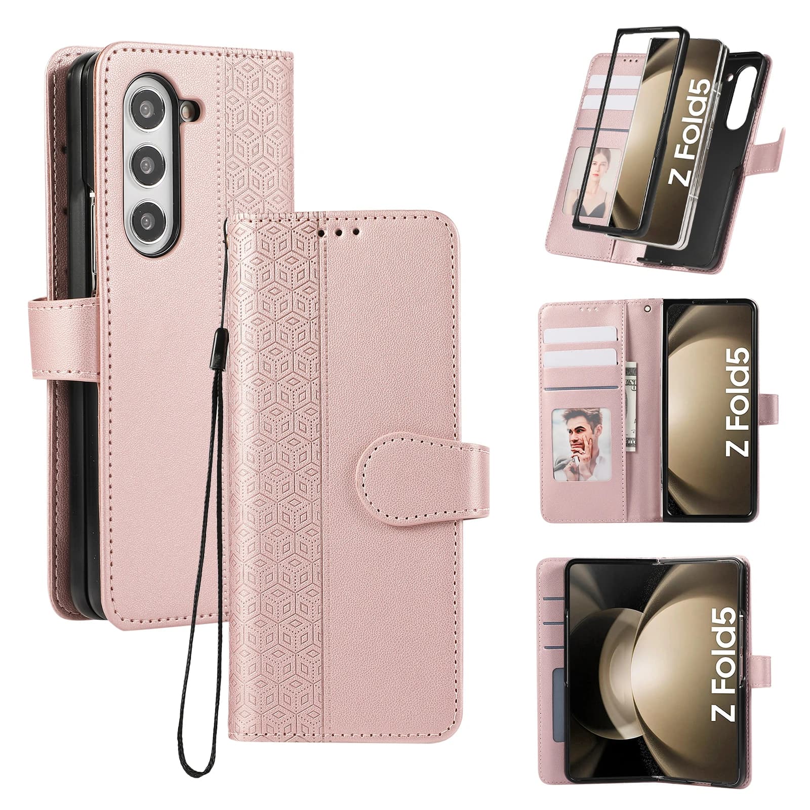 Fashionable Flip Card Slot Wallet Embossed Leather Phone Case for Samsung Z Fold 8 7 6 5 4 3 Shockproof Hand Rope Slim Fit Cover