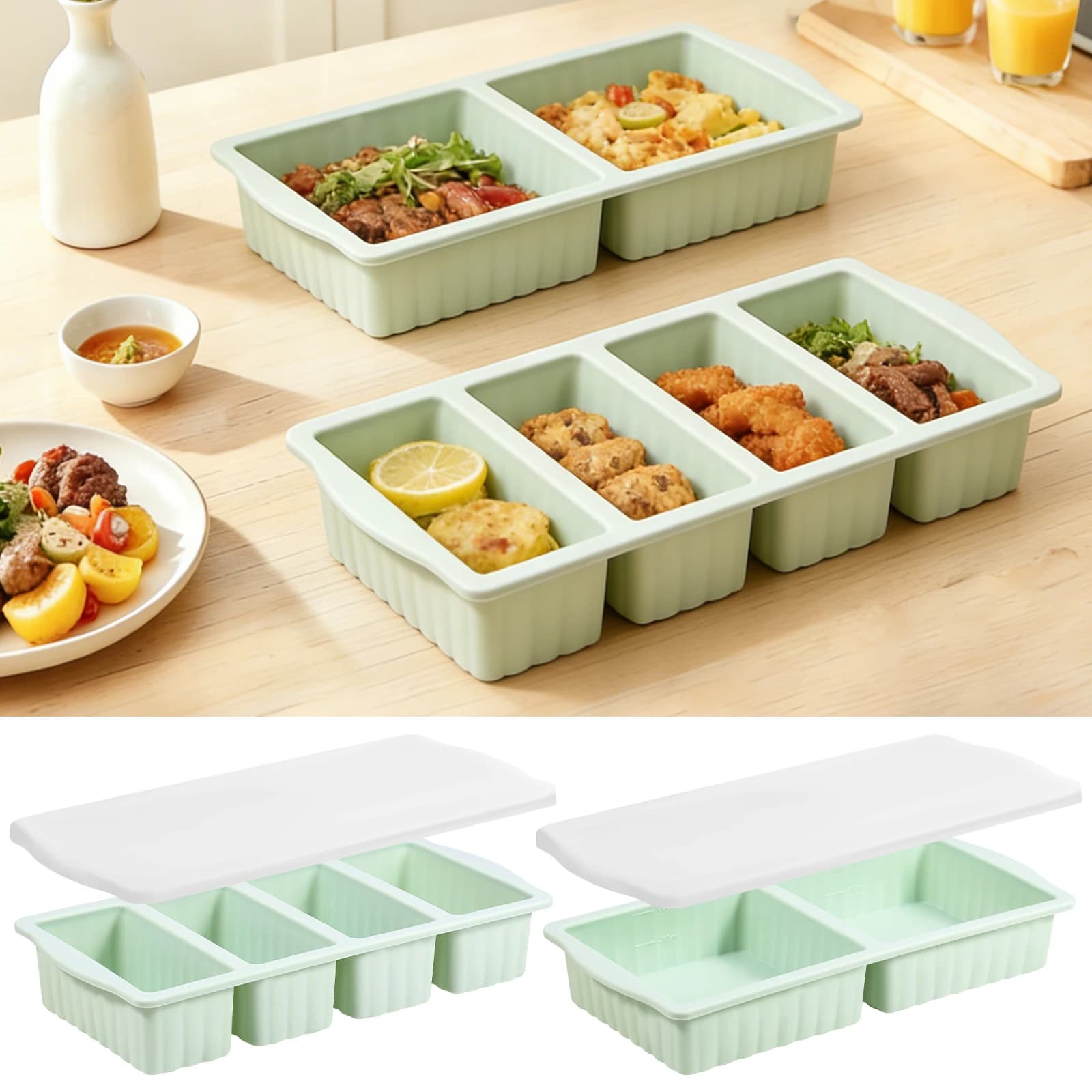 Set di 2 Vassoi in Silicone per Congelatore con Coperchio, Contenitore per Zuppa, Stampo per Cubetti di Ghiaccio, Ideale per Preparare Pasti in Diverse Porzioni