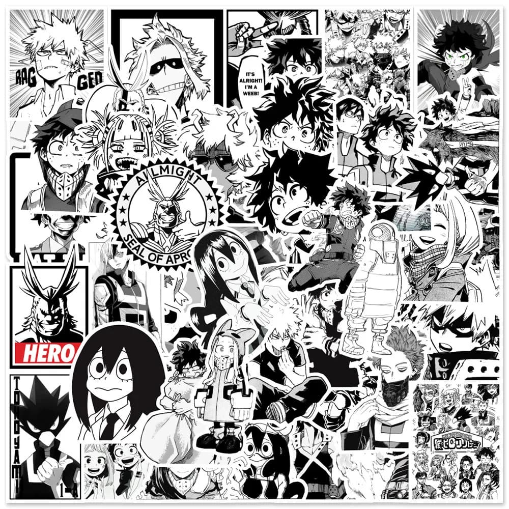 10/30/50 Pezzi Adesivi Anime My Hero Academia, Decalcomanie Manga in Bianco e Nero, Adesivi Graffiti Cartoon per Skateboard, Telefono, Notebook