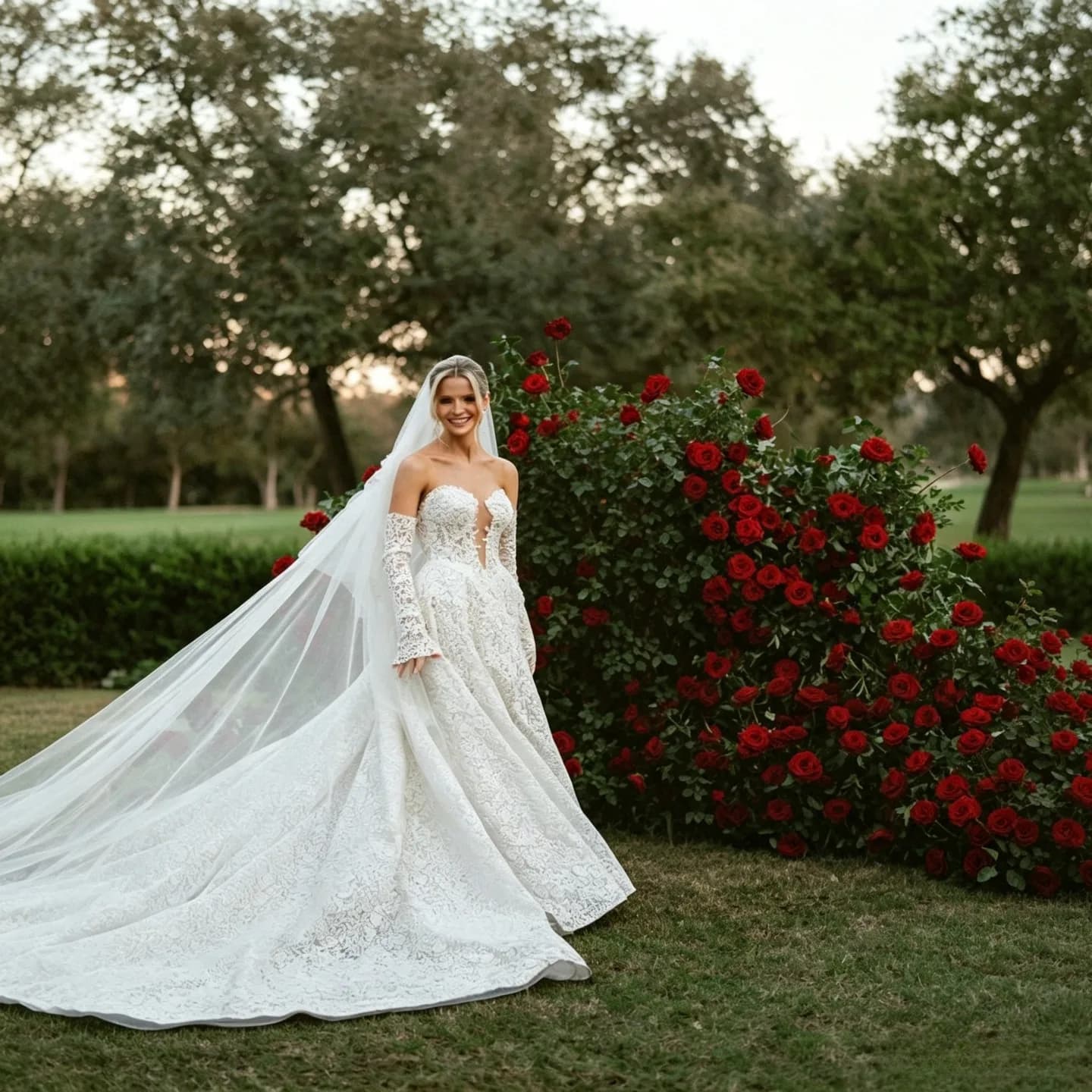 Abito da Sposa Personalizzato Elegante e Romantico, Senza Spalline, in Pizzo, con Velo Cattedrale, Vestito da Sposa Delicato