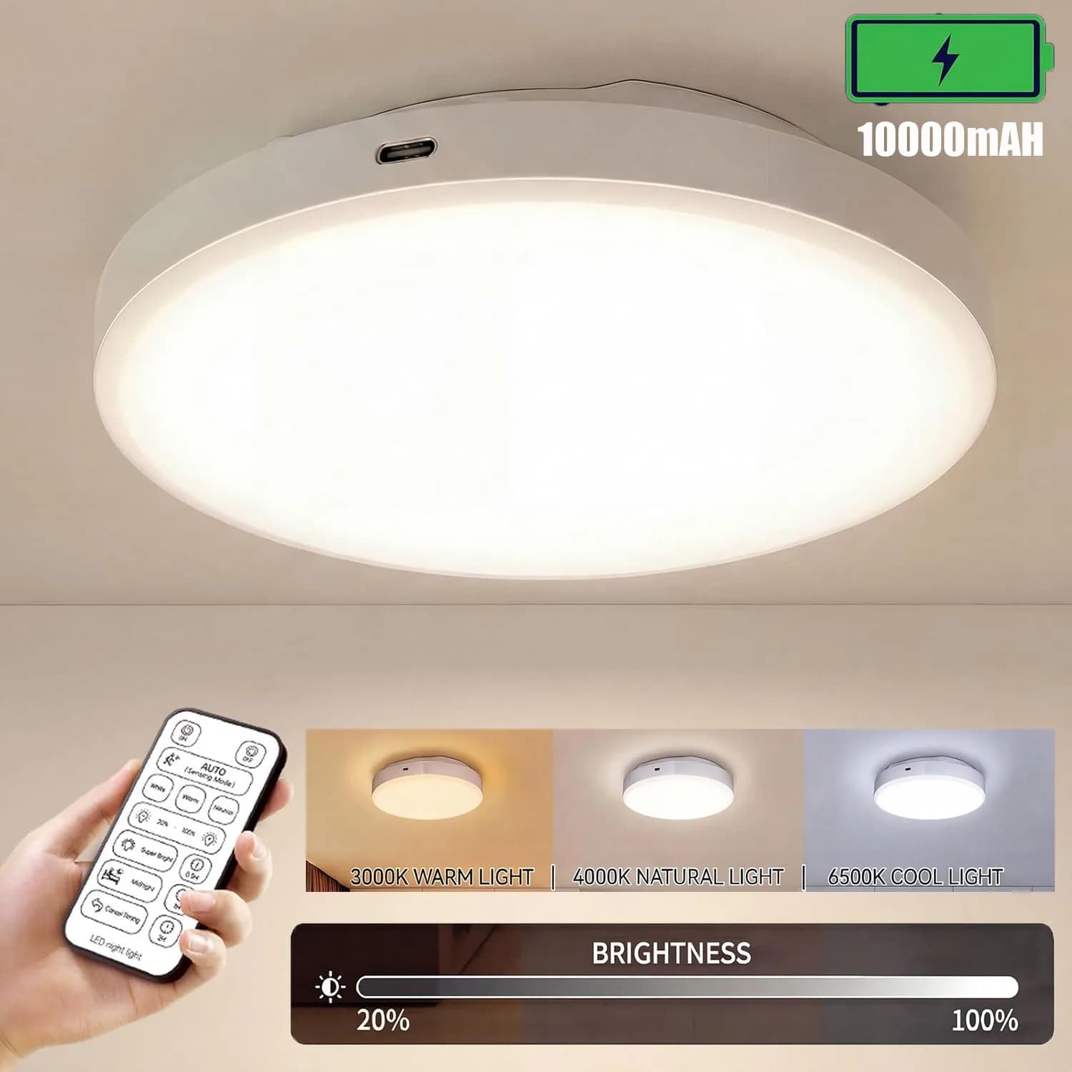 10000mAh Rechargeable LED Ceiling Lamp Sensor Movement Ceiling Light With Remote Control 3 Colors Wireless For Bedroom Kitchen