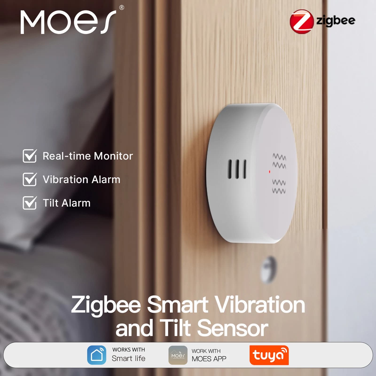 MOES Tuya Zigbee Sensore di inclinazione delle vibrazioni intelligente Monitoraggio in tempo reale Rilevamento dell'asse XYZ Allarme shock di movimento per la sicurezza delle porte e finestre