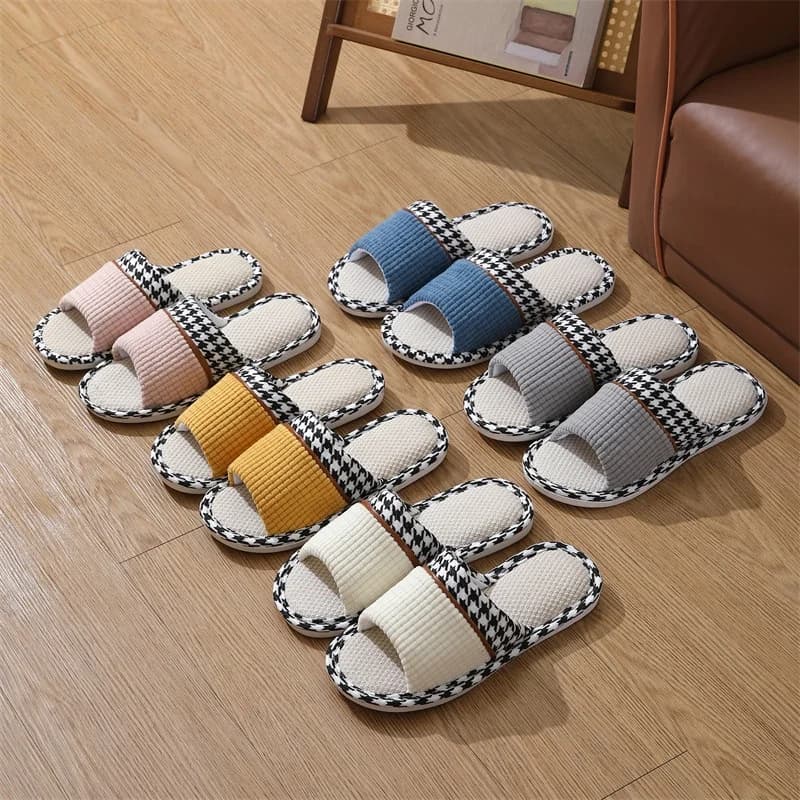 Four Season Linen House Slippers For Women Men Thick EVA Midsole Non-Slip Closed Toe Flip Flops Couple Cozy Casual Home Slides
