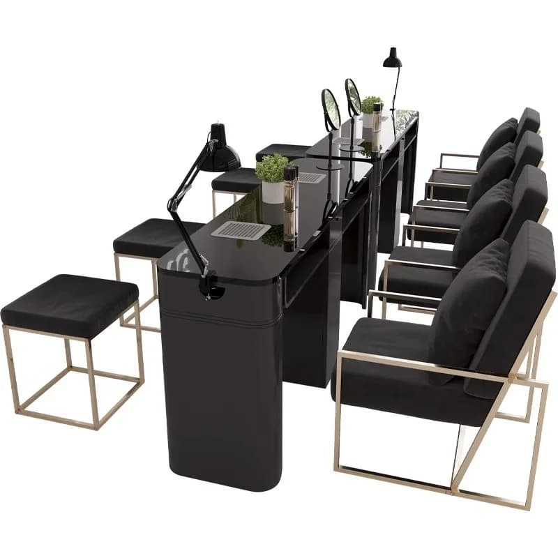 Set tavolo manicure e sedia in vetro temperato con aspirapolvere, tavolo manicure semplice e leggero di lusso in oro nero