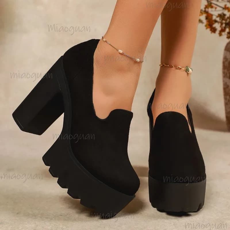 Mocassini con Plateau in Camoscio Nero da Donna, Scarpe con Tacco a Blocco, Calzature con Suola Spessa, Punta Tonda Antiscivolo, Tacchi Alti