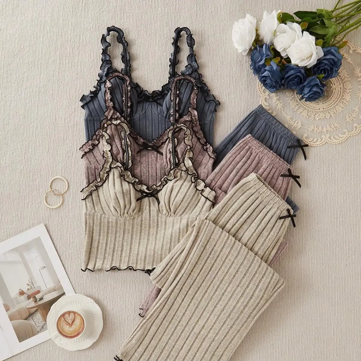 Women's striped pajamas trousers with curled edge, comfortable for home, thin autumn style, men's underwear, homewear