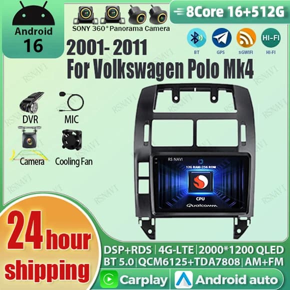 Android 15 Carplay Auto Qualcomm 2K QLED Schermo Lettore di autoradio per Volkswagen Polo Mk4 2001 - 2011 GPS Wifi 4G Video BT DSP