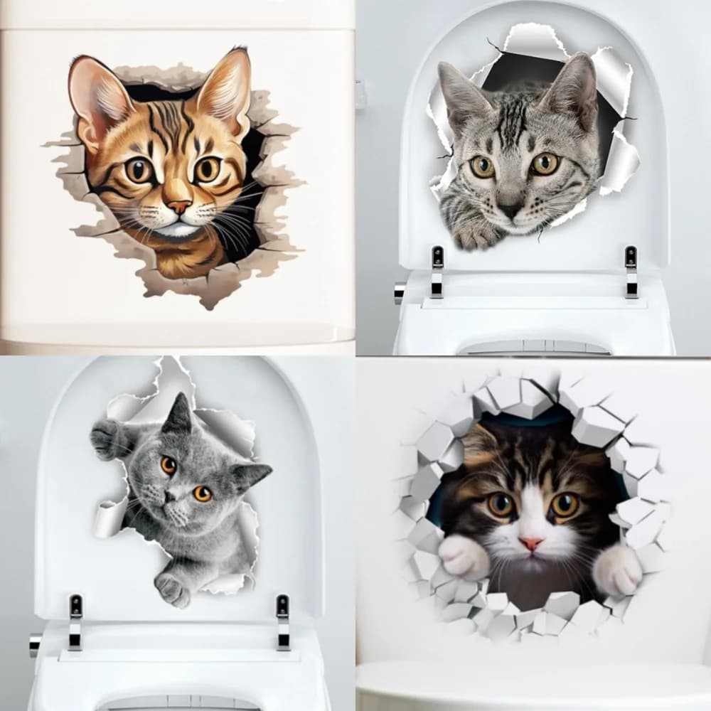 Adesivo Murale 3D Gatto Cartoon che Attraversa il Muro Decorazione per Bagno Adesivo per WC Decorazioni per la Casa Regali Accessori per la Casa