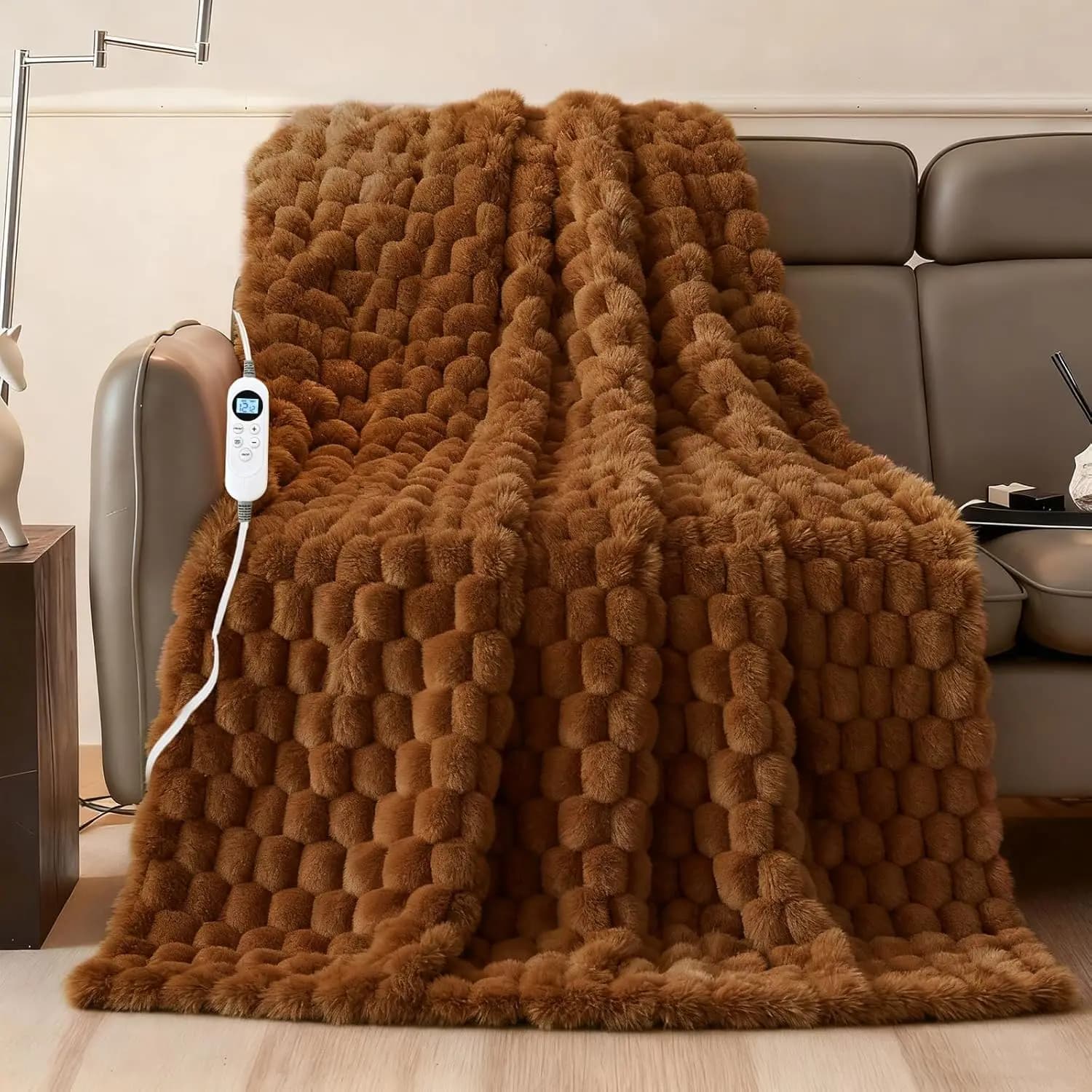 Coperta Riscaldante 50"x60" in Morbida Pelliccia Sintetica a Coste, Riscaldamento Rapido, 12 Livelli, Timer e Spegnimento Automatico, Lavabile in Lavatrice