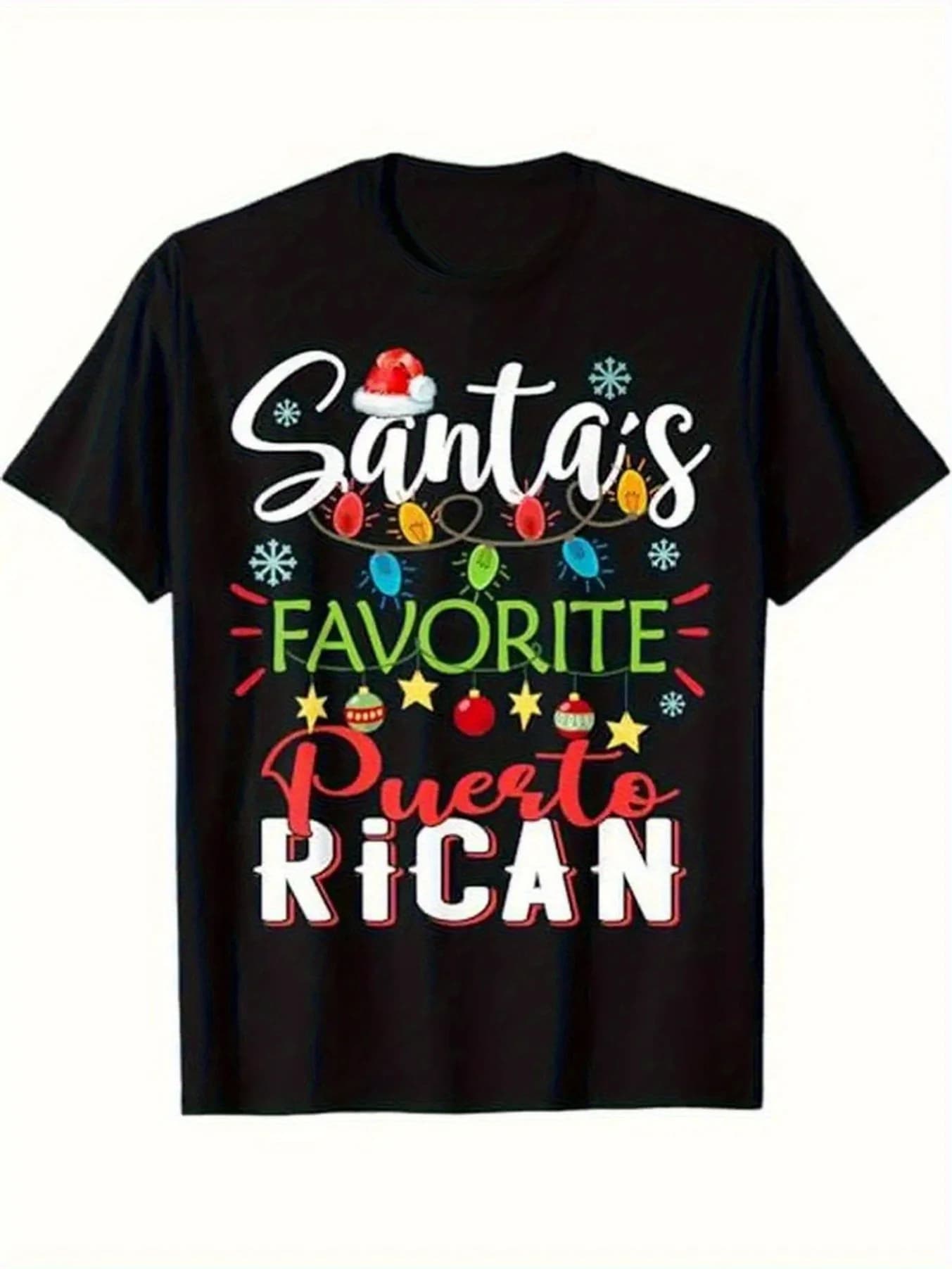 Funny Men's Black Graphic T-Shirt Santa Hat Holiday Lights Snowflake Ornament Bold Letter Print 100% Cotton Heavyweight Short Sleeve Casual Streetwear Tee