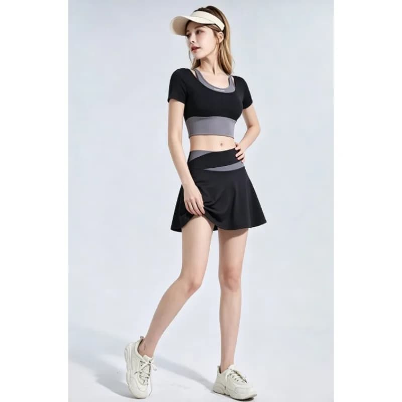 Women's Contrast Color Fake Two Piece Workout Matching Outfit Short Sleeve Cropped Sports Tee Wrap Moisture Wicking Active Set